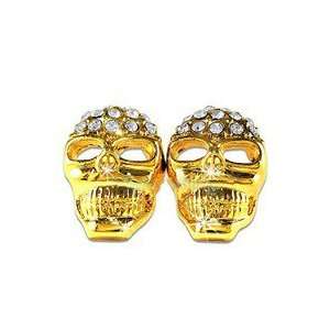  Hip Hop Iced Skull Earrings Gold Tone 