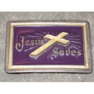 JESUS SAVES   Christian Pewter Tone w/ Purple & White Cross Enamel 