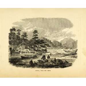 1857 Wood Engraving Shimoda Japan Cityscape Boats Commodore MC Perry 