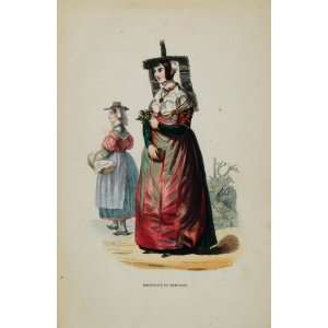   Print Costume Dress French Women Burgundy France   Hand Colored Print