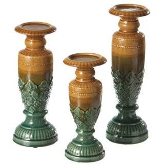 Set of 3 Carmel and Teal Glazed Decorative Floral Ceramic Candlesticks