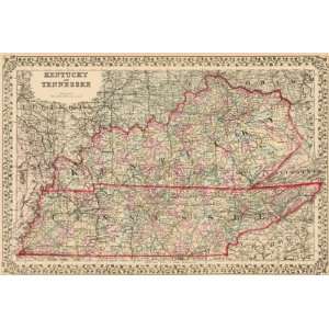  Mitchell 1875 Antique Map of Kentucky & Tennessee Beauty