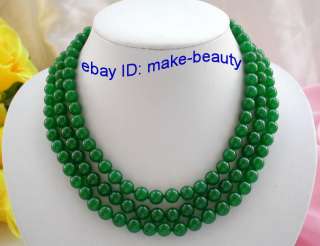 stunning 3rows 8mm round green crude jade beads necklace 9K  