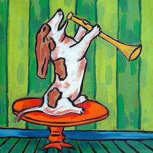 Basset hound blowing A horn pet gift art tile coaster  