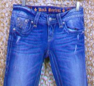 ROCK REVIVAL Womens Distressed & Embroidered CHRISTINA Jeans sz 27 