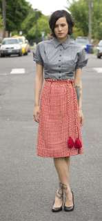 CHECKERED vtg 50s 60s high waist skirt BALL FRINGE BELT  