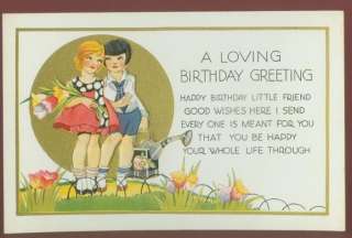 082008 LOVELY ANTIQUE BIRTHDAY POSTCARD CHILDREN WATERING CANS  