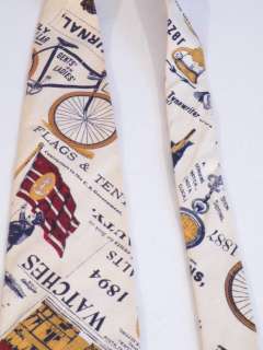 Vtg 70s neck tie novelty WIDE cotton Flags Bicycle floral 1887 catalog 