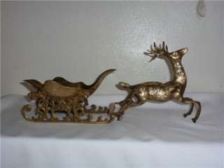 Vtg Large 20in. Solid brass Sleigh / Reindeer India IOB  