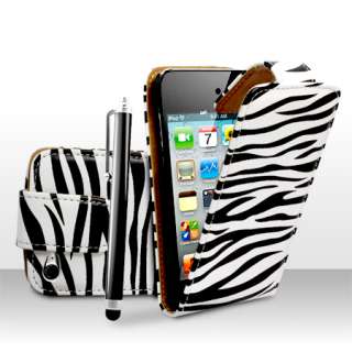 Zebra Print Leather Flip Case Cover For Apple iPod Touch 4 4G + Stylus 