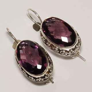 UNIQUE  FACETED AMETHYST VINTAGE STYLE & .925 STERLING SILVER EARRING 