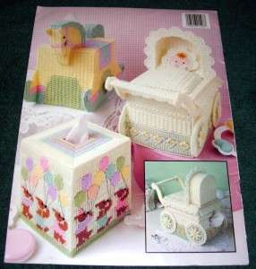 PLASTIC CANVAS PATTERNS LA #1528 (5) BABY TISSUE COVER CARRIAGE 
