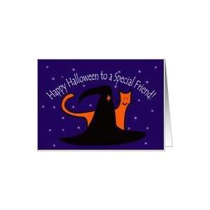  Witches Hat and Orange Cat Happy Halloween Friend Card 