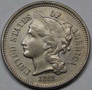 1868 Nickel Three Cent Piece.MS+ BU. ORIGINAL AND NICE  