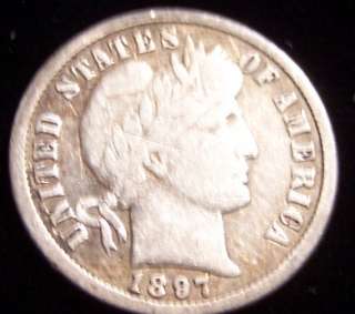 COINS 1897 0 BARBER DIME FINE  