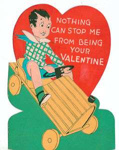1930s Vintage Valentine Cute Boy Derby Car Heart shape  
