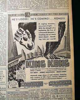 Earliest KING KONG Movie ADVERTISEMENT 1933 Newspaper   