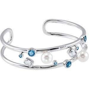 Silver Cuff Bracelet with Swiss Blue Topaz, Genuine Crystal and 