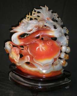 Chinese Red Carnelian Agate Carving Dragon Ru Yi Statue  