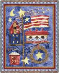 USA Patriotic Flag & Bird Houses Jaquard Woven Cotton Tapestry Throw 