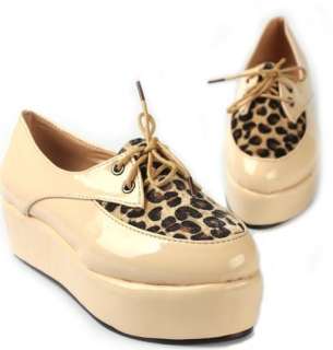 Women Leopard Lace Up Shoes Platform Heels Wedge Flats Pointy Toe 