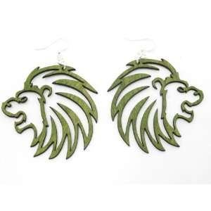  Apple Green Lion Head Wooden Earrings GTJ Jewelry