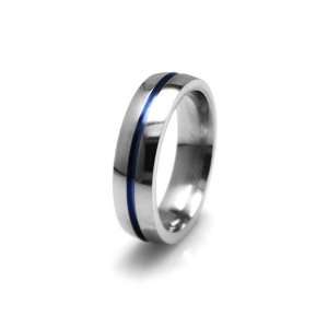 Mens 6mm Gray Titanium Flat Ring with Thin Blue Anodized Color Inlay 