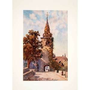1908 Color Print La Tour de Peilz Switzerland Old Church Tower Gate J 