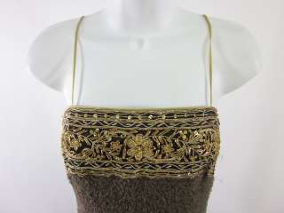 CHRISTINA PERRIN Brown Wool Long Gold Beaded Dress Sz 8  