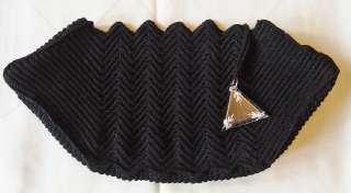 Large Vintage Black Cloth Etched Lucite Pull Bag  