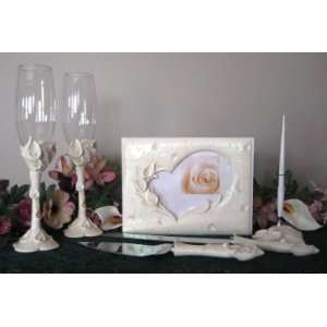 Ivory Heart Calla Lily Guest Book, Pen Set, Toasting Glasses and 