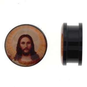 Black Acrylic Screw On Plugs with Jesus Logo   13/16 (21mm) (Sold as 