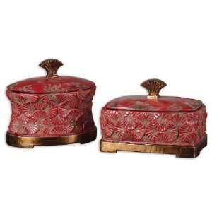 Uttermost 10 Cela, S/2 Distressed, Crackled Faded Red Ceramic With 