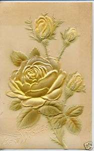 VINTAGE BEST WISHES POSTCARD YELLOW ROSE FLOWERS 1909  