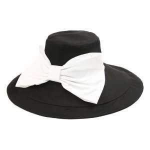   Ladies Cotton Wide Brim Sun Hat Black with White Bow 