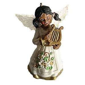 African American Angel Girl Playing Harp Religious Christmas Ornament 