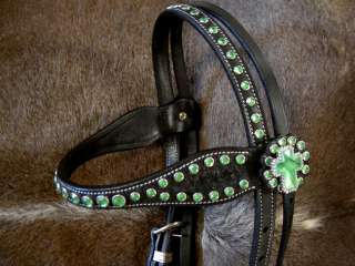 BRIDLE WESTERN LEATHER HEADSTALL GREEN STONE CROSS CONCHOS BLACK TACK 