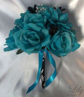 17pieces Wedding Bridal Bouquet Flowers TURQUOISE PEARLS Bride 