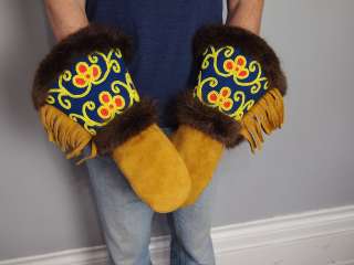 Vtg Native American Beaded Leather GAUNTLET GLOVES coat mittens Fringe 