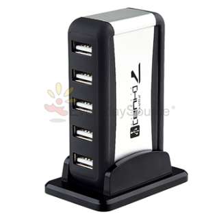 Black Silver 7 Port High Speed Compact Stand USB Hub w/USB Extension 