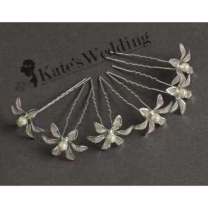 Wedding Flower Hair Pin Pearl Bridal Hair Accessories, Silver Tone Set 