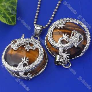 Round Tigers Eye Gemstone Dragon Inlaid Bead Pendant  