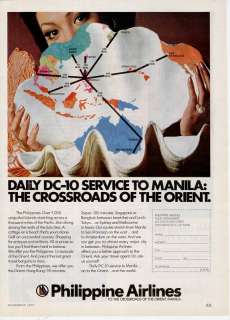 1975 PHILIPPINE AIRLINES DC 10 ROUTE MAP COLOR PRINT AD  