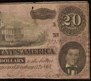 1864 $20 DOLLAR BILL CONFEDERATE CURRENCY NOTE T67 CIVIL WAR PAPER 
