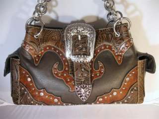 Brown Western Cowgirl Rhinestone Buckle Tooled Handbag Purse and 