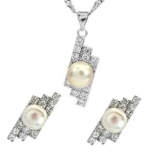 WEDDING Pearl W Gold GP Pendant Earrings Necklace Chain Jewelry Set 
