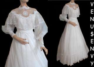 VTG 80s White Ivory CROCHET LACE WEDDING DRESS S Long Poet Sleeves Bib 