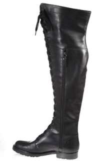  boldly laced over the knee boot is fashioned in rich waxy leather
