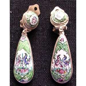  1423 Persian Mina Karee Enamel Clip Earrings Hand Painted 