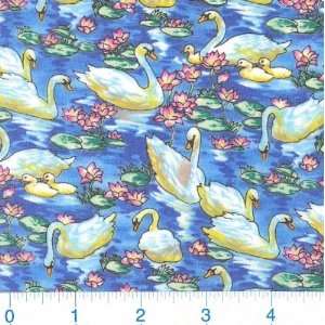  45 Wide Garden Delight Swan Lake Blue Fabric By The Yard 